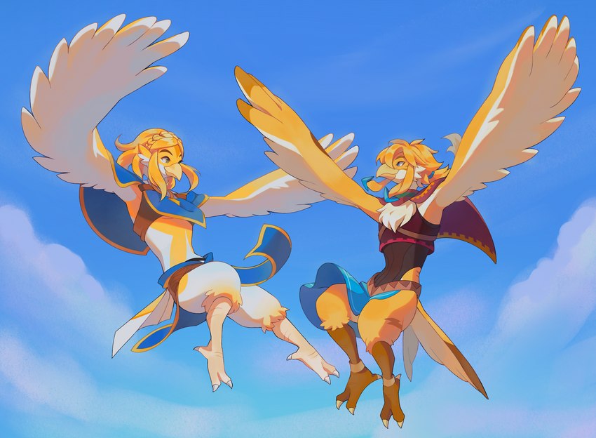 alternate_species anthro beak clothed clothing cloud duo feathers female hair male simple_background smile wings mochii_lisa breath_of_the_wild nintendo the_legend_of_zelda link_(rito_form) princess_zelda avian bird rito digital_media_(artwork) hi_res