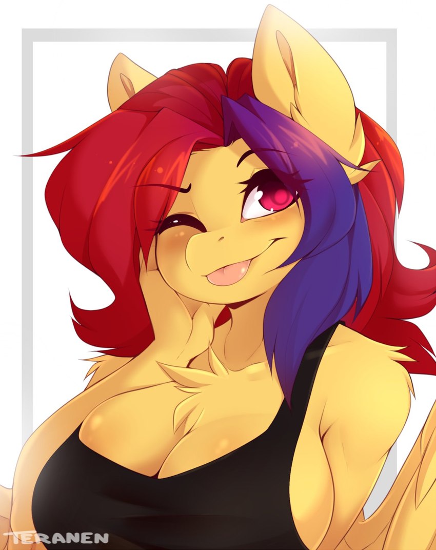 anthro blep breasts cleavage clothed clothing eyelashes feathered_wings feathers female hair hand_on_face looking_at_viewer multicolored_hair one_eye_closed smile solo tongue tongue_out two_tone_hair wings wink conditional_dnp teranen hasbro my_little_pony mythology berry_slice fan_character equid equine mammal mythological_creature mythological_equine pegasus 2020 bust_portrait hi_res portrait