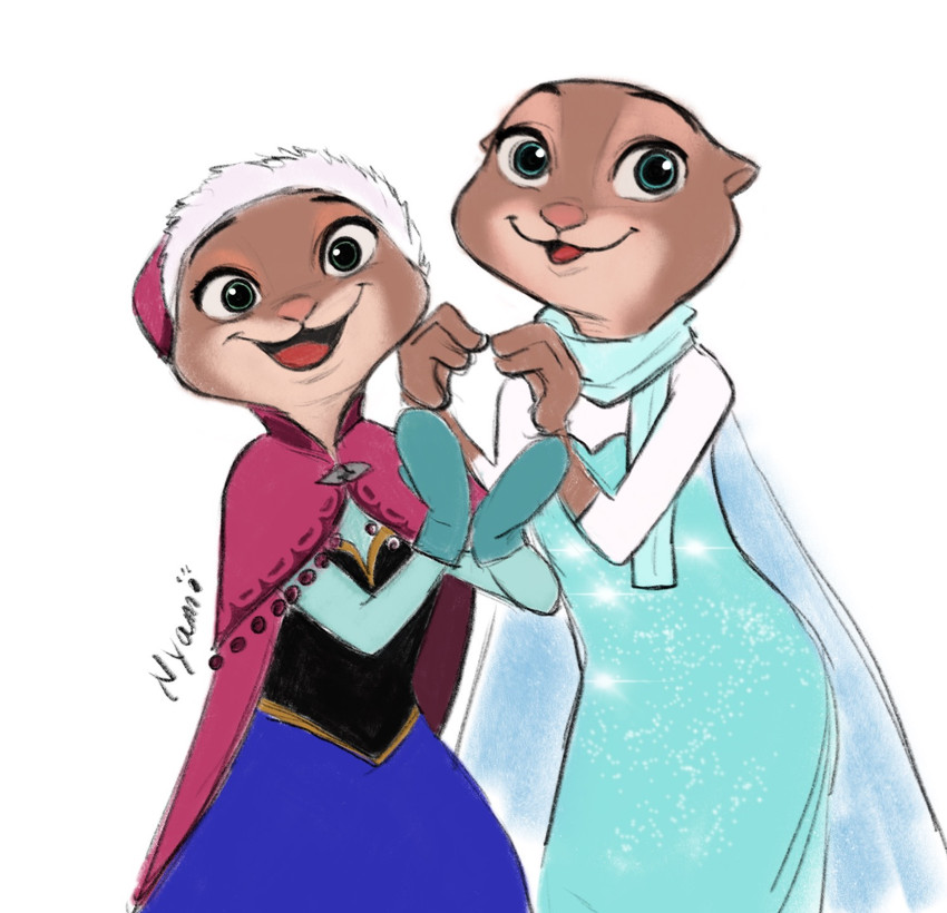 anthro blue_eyes brown_body brown_fur cloak clothing cosplay dress duo female fur handwear looking_at_viewer mittens open_mouth open_smile scarf simple_background smile white_background nya_mooon disney frozen_(disney) zootopia anna_(frozen) elsa_(frozen) mammal mustelid otter 2016 hi_res