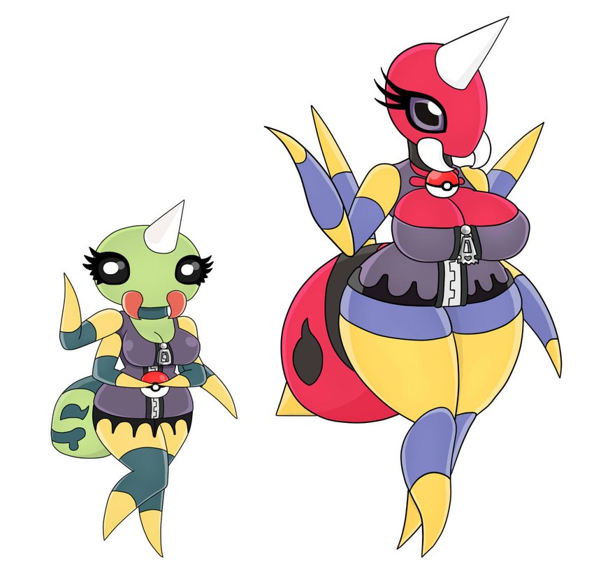 4_arms anthro big_breasts black_eyes breasts clothed clothing duo female green_body horn jacket jaws multi_arm multi_limb neckwear pokeball purple_eyes red_body simple_background stinger topwear white_background zipper urusee584 nintendo pokemon ariados generation_2_pokemon pokemon_(species) spinarak