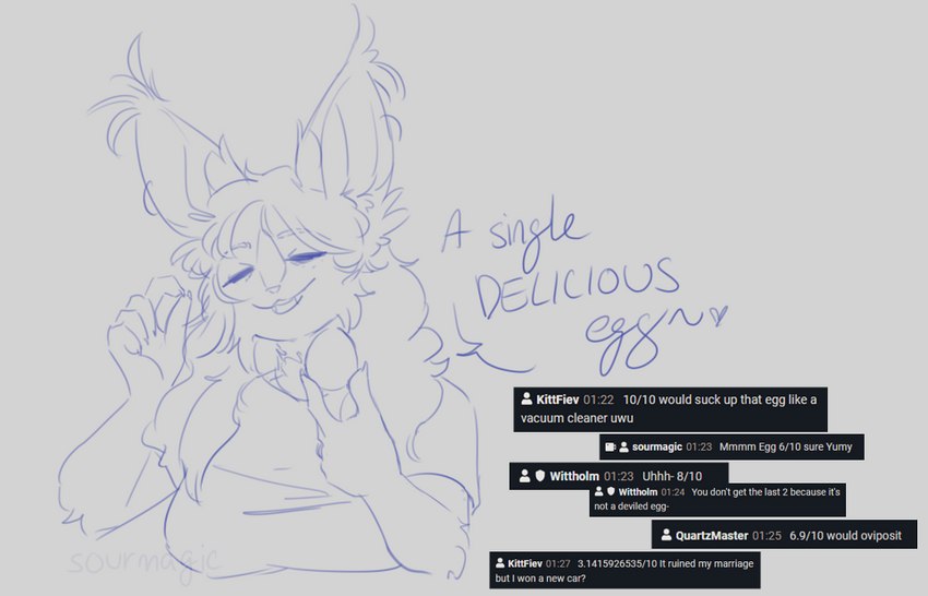 anthro big_ears dialogue ear_piercing egg eyes_closed female fluffy hair humor inner_ear_fluff long_hair piercing screencap smile solo text tuft sourmagic levi_kyros domestic_cat felid feline felis mammal valta english_text sketch