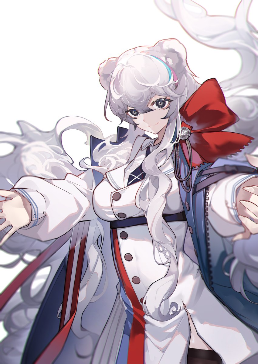 blue_eyes blurred_background breasts clothing female fur hair hat headgear headwear imminent_hug long_hair looking_at_viewer smile solo white_body white_fur white_hair yushi_ketsalkoatl arknights hypergryph studio_montagne rosa_(arknights) animal_humanoid bear humanoid mammal mammal_humanoid ursid_humanoid absurd_res hi_res