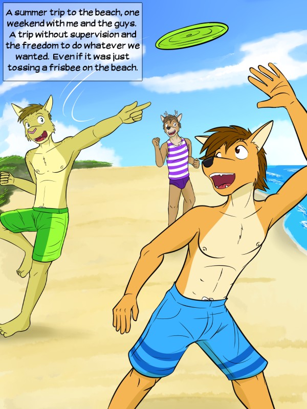 anthro antlers barefoot beach brown_body brown_eyes brown_fur brown_hair bulge clothed clothing cloud feet frisbee fur green_eyes group hair horn looking_back male motion_lines nipples open_mouth sand sea seaside shirt simple_background sky speedo standing swimming_trunks swimwear tank_top teeth text tongue topless topwear water fuze texnatsu adam_caro casey_ramser mond_reyes bobcat canid canine canis coyote deer felid feline lynx mammal 3:4 comic english_text hi_res