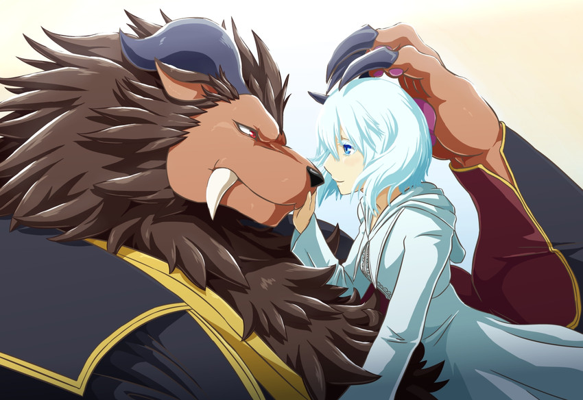 anthro blue_eyes brown_body brown_fur brown_mane claws clothed clothing duo eye_contact eyelashes female fur hair horn king looking_at_another male mane pawpads red_eyes romantic romantic_couple royalty tusks white_eyelashes white_hair 灰牙剣一 sacrificial_princess_and_the_king_of_beasts leonhart sariphi felid human lion mammal pantherine hi_res