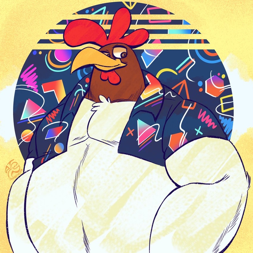 anthro beak blue_clothing blue_shirt blue_topwear brown_body brown_feathers clothed clothing feathers male muscular muscular_male open_clothing open_shirt open_topwear pattern_background pattern_clothing shirt simple_background solo topwear white_body white_feathers yellow_background yellow_beak jasperthecrab looney_tunes warner_brothers foghorn_leghorn avian bird chicken galliform gallus_(genus) phasianid hi_res