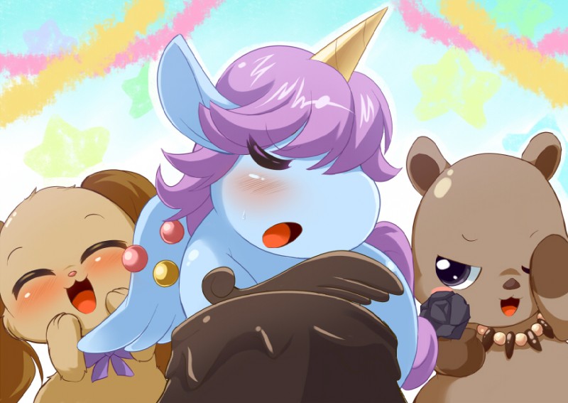 birthday blush bow_(feature) bow_tie brown_body brown_fur cake cloud dessert eyes_closed feathered_wings feathers feral flower food frosting fur gem group hair horn jewelry mane necklace nude open_mouth plant purple_eyes purple_hair purple_mane rose_(flower) simple_background sky tongue wings ukan_muri jewelpet mythology sanrio sega sega_fave coal_(jewelpet) io_(jewelpet) opal_(jewelpet) capybara caviid domestic_rabbit equid equine holland_lop lagomorph leporid lop_rabbit mammal mythological_creature mythological_equine oryctolagus rabbit rodent winged_unicorn