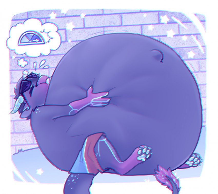 anthro belly belly_expansion belly_inflation big_belly blue_body blue_fur blue_hair bottomwear brick brick_wall butt clothing comic_panel expansion eyewear fluffy fluffy_chest fluffy_ears fluffy_hair fluffy_tail fur grass hair horn hose hose_in_mouth hose_inflation huge_belly hyper hyper_belly hyper_inflation inflation inner_ear_fluff light liquid_inflation male nipples plant purple_body purple_fur purple_hair shorts simple_background sitting solo standing summer sun sunglasses sunlight tail tuft wall_(structure) water water_inflation yellow_eyes ilmentosli mythology dragon mythological_creature mythological_scalie scalie comic digital_media_(artwork) hi_res