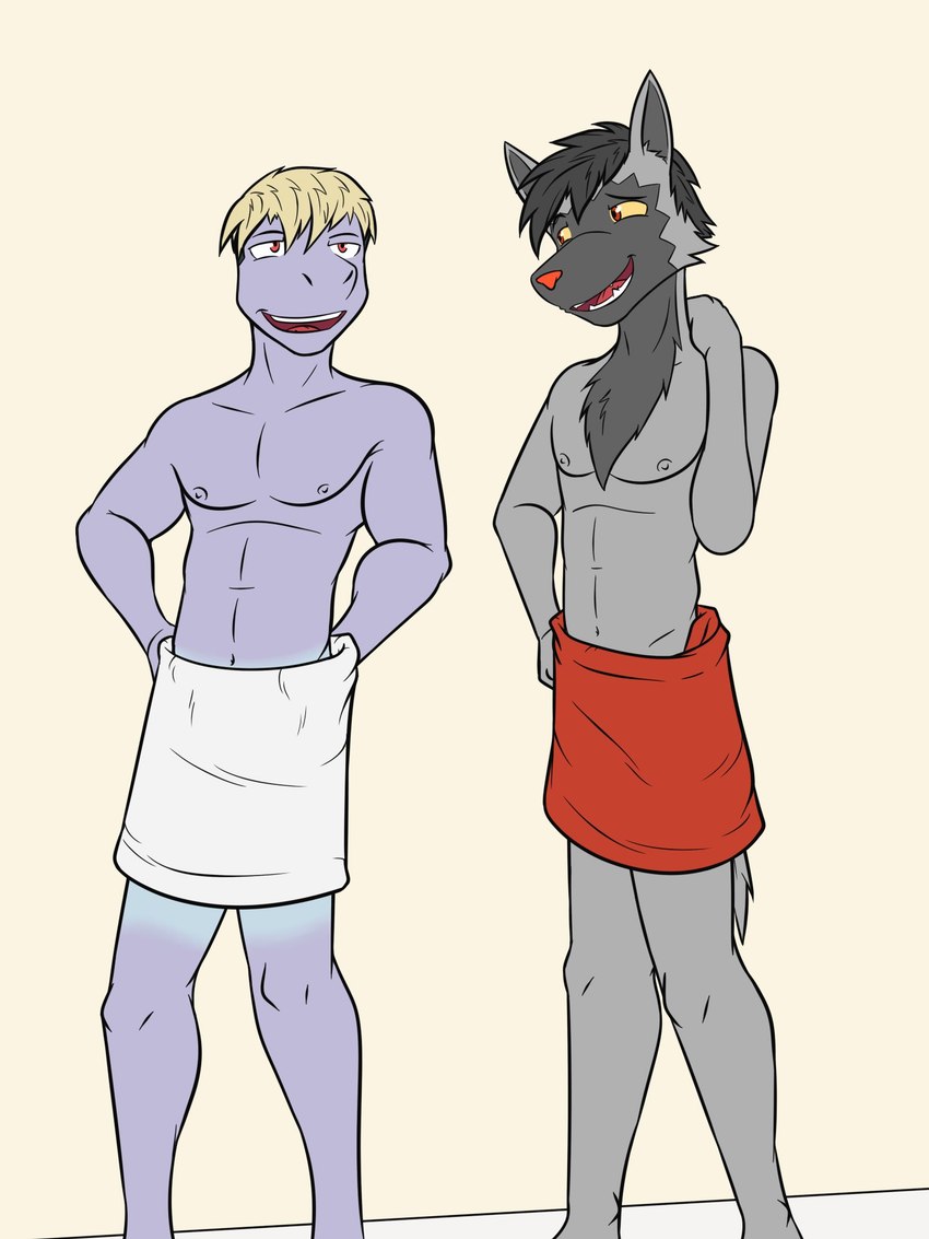 anthro anthrofied duo looking_at_another male nipples pokemorph suntan tan_line towel towel_around_waist towel_only fuze nintendo pokemon pawl_(fuze) rex_(fuze) generation_1_pokemon generation_3_pokemon machop pokemon_(species) poochyena 3:4 hi_res