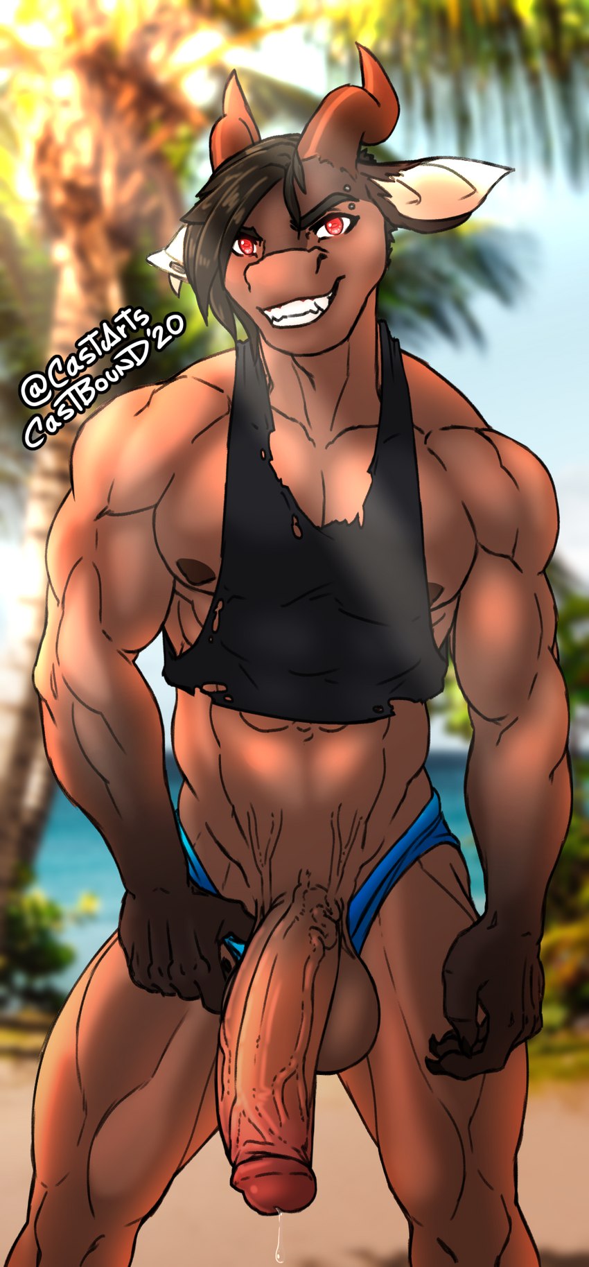 abs anthro balls beach biceps big_balls big_penis bodily_fluids brown_hair clothed clothing detailed_background dripping foreskin genital_fluids genitals hair horn huge_penis looking_at_viewer male muscular muscular_anthro muscular_male muscular_thighs partially_clothed penis precum precum_drip retracted_foreskin seaside shirt solo standing tank_top topwear torn_clothing underwear underwear_down vein veiny_penis castbound relius demon hi_res