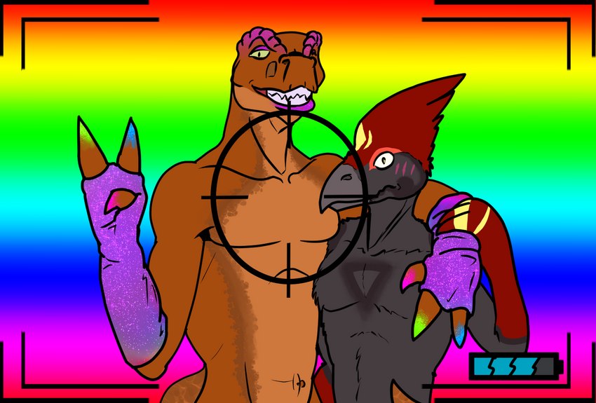 alternate_rainbow_pride_colors anthro crosshairs duo grin lgbt_pride male photo pride_color_background pride_colors rainbow rainbow_pride_colors simple_background smile arkanum_zilong accipitriform avian bird dinosaur prehistoric_species reptile scalie theropod tyrannosaurid tyrannosauroid tyrannosaurus tyrannosaurus_rex vulture