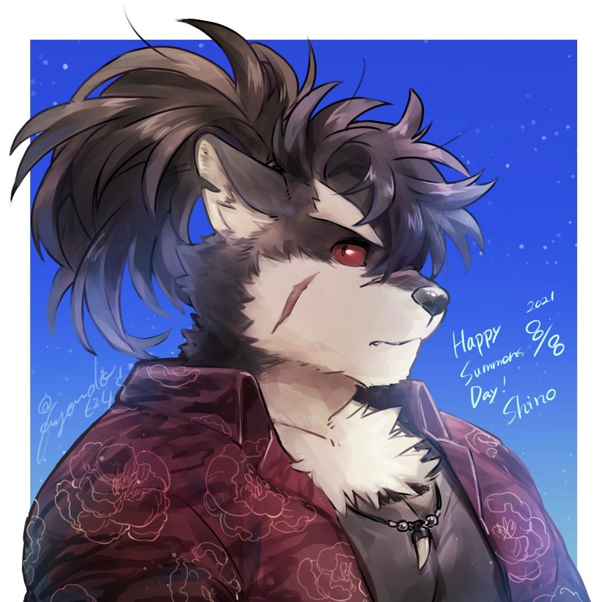 aloha_shirt anthro beach clothing facial_scar fang_necklace hair long_hair looking_aside male notched_ear pattern_clothing pattern_shirt pattern_topwear ponytail red_eyes red_sclera scar seaside shirt solo topwear fuyoudo624 lifewonders tokyo_afterschool_summoners shino_(tas) canid canine canis domestic_dog mammal 1:1 hi_res