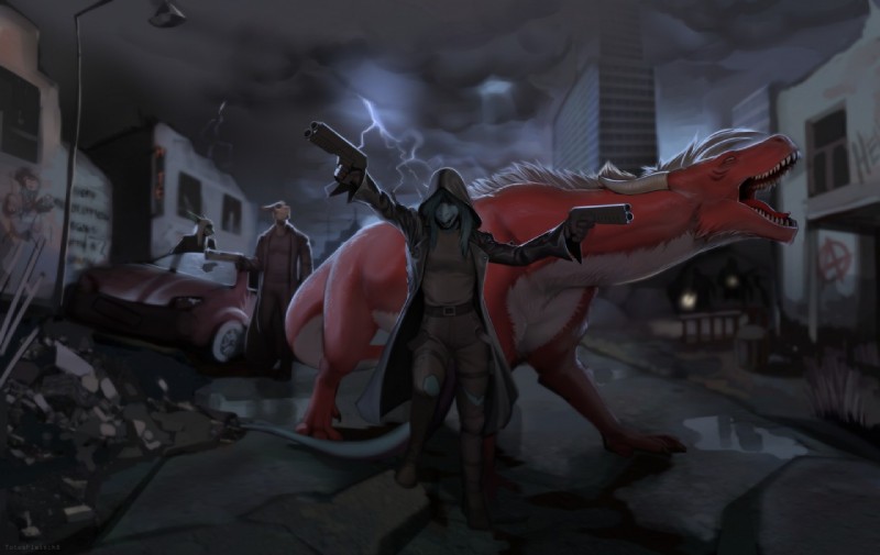 anthro car city clothed clothing electricity female feral fully_clothed graffiti group gun larger_feral lightning male outside post-apocalyptic ranged_weapon ruins size_difference storm tail urban vehicle weapon totesfleisch8 mythology avi_(darkastray) axis_(darkastray) chris_(totesfleisch8) sharkie dragon fish marine mythological_creature mythological_scalie scalie shark