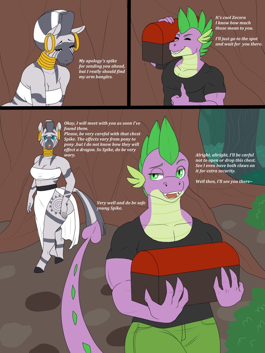 anthro anthrofied biped clothed clothing dialogue duo ear_piercing ear_ring female gesture hand_gesture male piercing pupils ring_piercing shirt smile tail text thick_thighs thumbs_up topwear lurking_tyger friendship_is_magic hasbro my_little_pony mythology spike_(mlp) zecora_(mlp) dragon equid equine mammal mythological_creature mythological_scalie scalie zebra 3:4 comic english_text hi_res