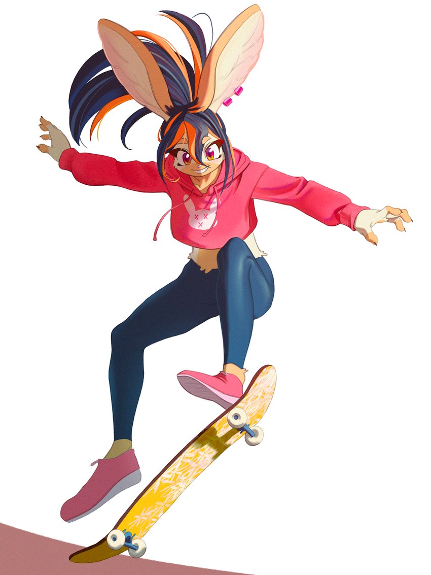 anthro clothing ear_piercing female fingerless_(marking) fur hair hoodie long_hair midair midriff multicolored_hair piercing ponytail simple_background skateboard skateboarding smile solo tan_body tan_fur topwear two_tone_hair vehicle white_background kemari acerola_(kemari) lagomorph leporid mammal rabbit 3:4 absurd_res hi_res