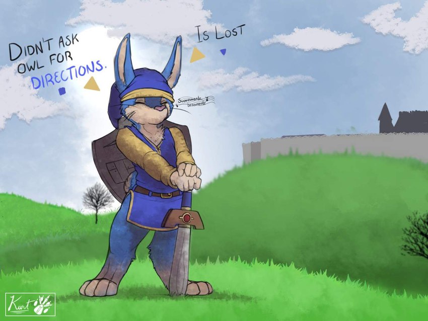 anthro blue_clothing bottomless clothed clothing day detailed_background dialogue eyes_closed grass hat headgear headwear humor hylian_shield male melee_weapon outside plant shield shirt solo sword sword_in_ground text topwear town tree tunic weapon geno28 nintendo ocarina_of_time the_legend_of_zelda ascot_the_herro_(geno28) princess_zelda lagomorph leporid mammal rabbit 4:3 english_text watermark