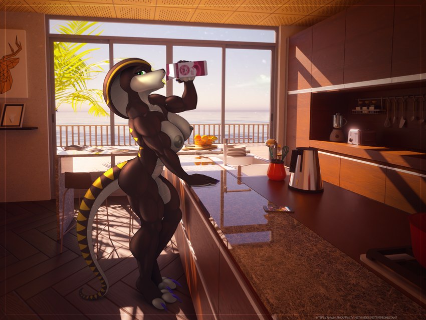 3d_background anthro areola breasts brown_body brown_scales claws female kitchen looking_at_viewer milk_carton muscular muscular_anthro muscular_female nipples non-mammal_breasts non-mammal_nipples nude purple_claws reflection scales solo standing tail toe_claws spotty_the_cheetah shandi cobra reptile scalie snake