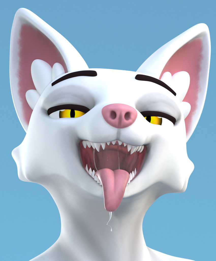 anthro bodily_fluids dripping fangs fur looking_at_viewer male mouth_shot open_mouth pink_nose presenting_mouth pupils saliva saliva_drip saliva_string simple_background slit_pupils solo standing teeth throat tongue tongue_out white_body white_fur yellow_eyes delbi3d arctic_fox canid canine fox mammal true_fox 3d_(artwork) digital_media_(artwork)