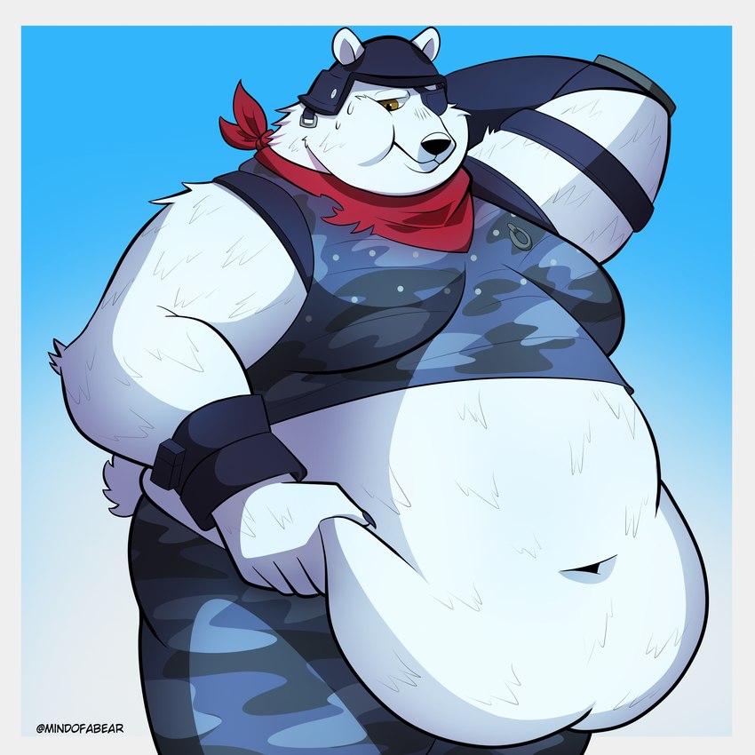 anthro belly big_belly bodily_fluids clothing eye_patch eyewear headgear headwear male navel overweight overweight_anthro overweight_male solo sweat mindof epic_games fortnite polar_patroller bear mammal polar_bear ursine 1:1 hi_res