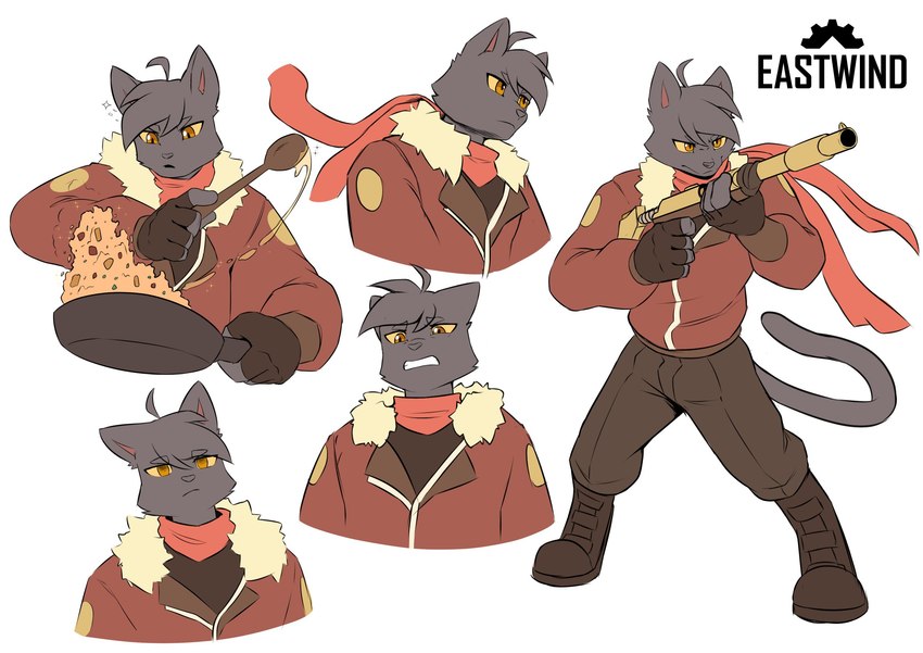 anthro biped clothed clothing cooking fingers gun holding_gun holding_object holding_ranged_weapon holding_weapon male ranged_weapon solo tail weapon anjing_kampuss eastwind studio_chipcoat thaddeus_(eastwind) domestic_cat felid feline felis mammal hi_res