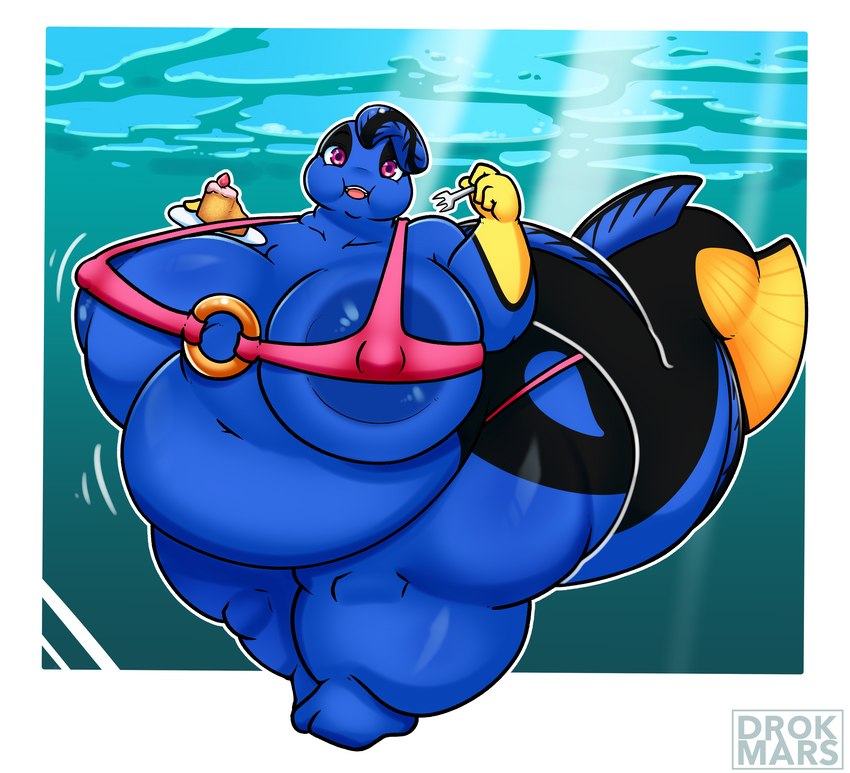 anthro belly big_belly big_breasts bikini breasts clothing eating female holding_object huge_belly huge_breasts hyper hyper_belly hyper_breasts overweight overweight_female slightly_chubby slightly_chubby_female solo swimwear thick_thighs tight_clothing two-piece_swimsuit weight_gain drokmars disney finding_nemo pixar dory_(finding_nemo) acanthurid fish marine regal_tang absurd_res hi_res