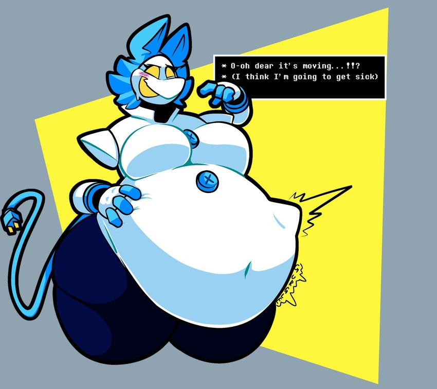 abdominal_bulge anthro anthro_pred belly big_belly big_breasts blue_hair breasts clothing digestion duo female female_pred forced fur hair machine oral_vore outline size_difference text thick_thighs unwilling_prey vore winterfell deltarune undertale_(series) tasque_manager domestic_cat felid feline felis mammal robot digital_media_(artwork) english_text hi_res