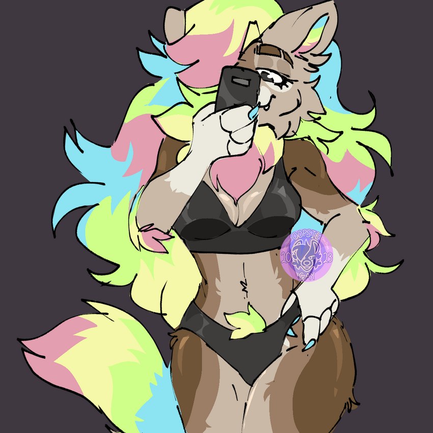 anthro black_clothing bra cellphone claws clothing electronics eyebrow_slit eyebrows female fluffy hair hand_in_underwear long_hair multicolored_body multicolored_hair phone photo selfie solo underwear oopsie-gay riko_(oopsie-gay) canid canine canis domestic_dog mammal 1:1 hi_res