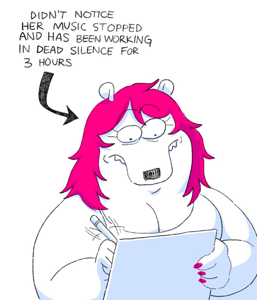 anthro breasts cleavage clothed clothing colored_nails concentration drawing drawing_tablet electronics female fur hair long_hair nails pink_hair shirt simple_background solo tank_top text topwear white_background white_body white_fur twistcmyk noelle_(twistcmyk) bear mammal polar_bear ursine english_text hi_res