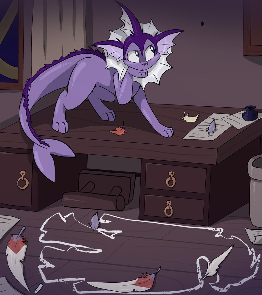 cabinet desk feathers fin furniture investigation male on_desk paper paws poison_vaporeon table tail fuf nintendo pokemon castor castor_the_vaporeon eeveelution generation_1_pokemon pokemon_(species) vaporeon 2024 absurd_res hi_res