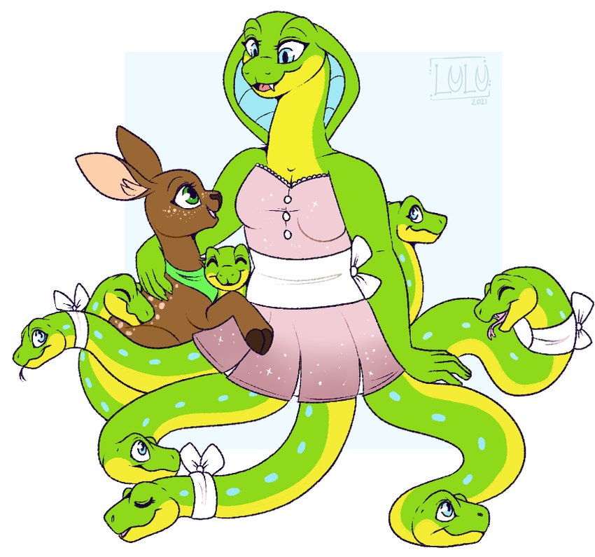 ancillary_head anguiped breasts cleavage clothed clothing cuddling dress duo female feral hug kerchief male young young_female young_feral lulubell sylene_(blissey1) deer mammal reptile scalie snake