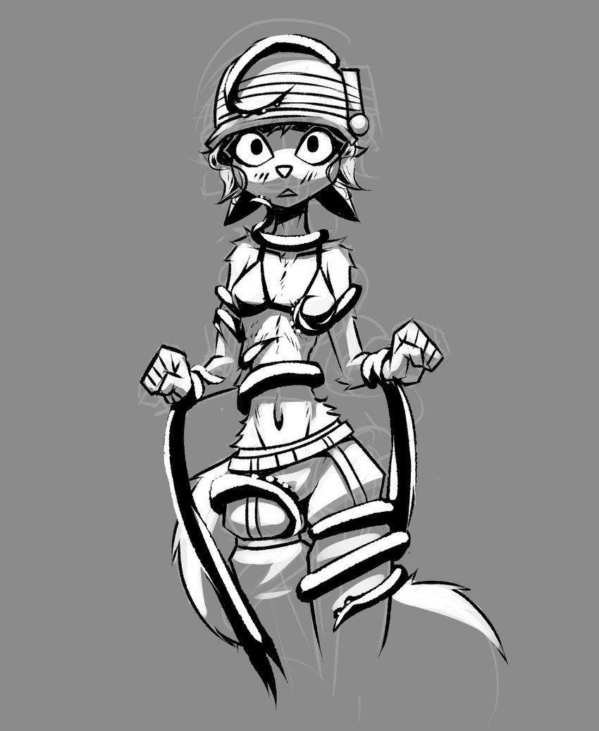 anthro armor belt blush blush_lines bottomwear bra clothing female fur grey_background hair headgear helmet looking_at_viewer pants short_hair simple_background solo tentacles underwear white_body white_fur white_hair gatonejo teresa_desalvo_(gatonejo) domestic_cat felid feline felis mammal absurd_res hi_res monochrome