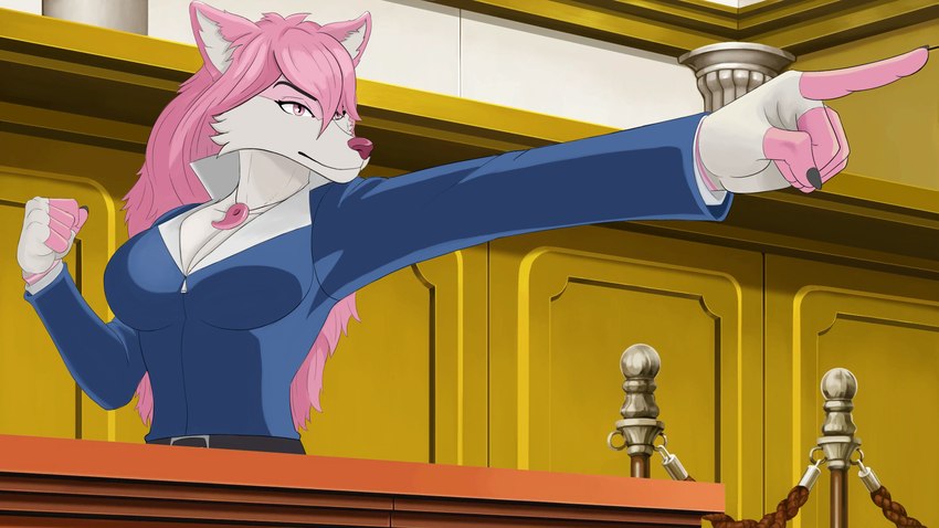 anthro belt big_breasts breasts claws cleavage clothed clothing cosplay courtroom female hair jewelry lawyer necklace pink_body pink_hair plant pose smile solo tail text tree white_body dankstermcmeme ace_attorney capcom mia_fey olivia_(oliviamancer) canid canine fox mammal 16:9 4k absurd_res colored hi_res widescreen trans_(lore) trans_woman_(lore)