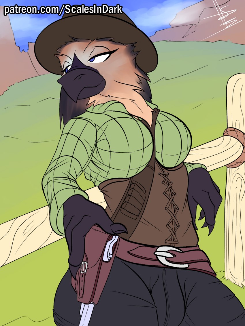 anthro beak belt big_breasts black_beak black_eyebrows blue_eyes bottomwear breasts brown_body brown_feathers bulge clothed clothing cloud cowboy_hat cowboy_outfit curvy_anthro curvy_figure curvy_gynomorph curvy_intersex day detailed_background eyebrows eyelashes feathers fence fully_clothed grass gun gynomorph handgun hat headgear headwear hourglass_figure hourglass_figured_anthro hourglass_figured_gynomorph hourglass_figured_intersex intersex non-mammal_breasts outside pistol plant ranged_weapon sky solo text thick_thighs topwear weapon wide_hipped_anthro wide_hipped_gynomorph wide_hipped_intersex wide_hips wild_west scalesindark sierra_(pollard) accipitrid accipitriform avian bird 2021 3:4 digital_media_(artwork) flat_colors hi_res portrait signature three-quarter_portrait url herm_(lore)