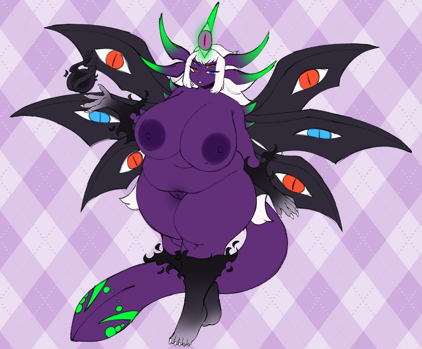 big_breasts blue_eyes breasts darkness female genitals hair heterochromia horn long_hair magic multi_eye nipples non-mammal_nipples overweight purple_body purple_skin pussy red_eyes solo tail tail_mouth tattoo thick_thighs unusual_anatomy unusual_tail white_hair wings satanickpaws ahkara_(azmiaryial) alien eldritch_abomination humanoid 2021 absurd_res digital_media_(artwork) hi_res