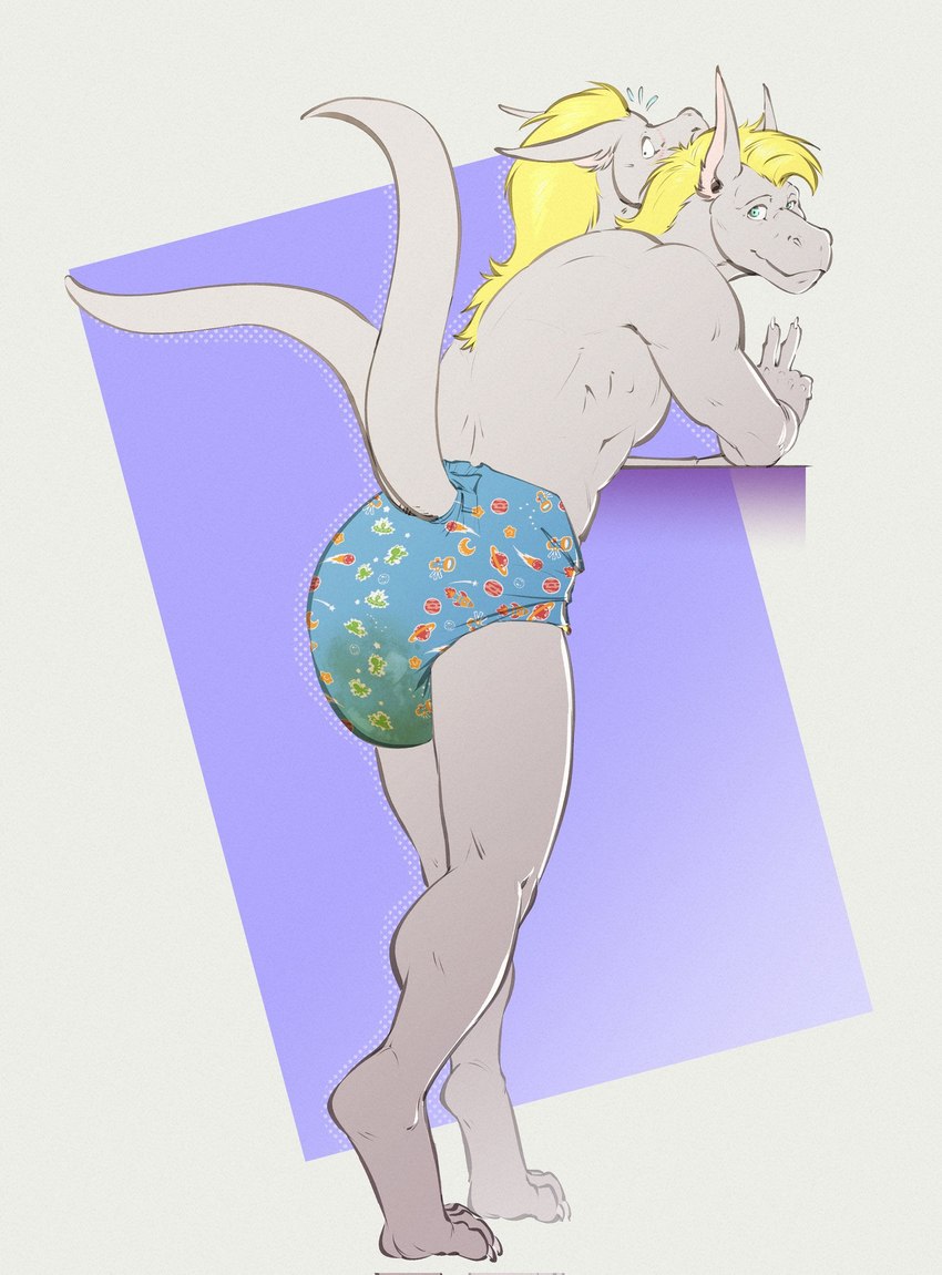 anthro blonde_hair blue_eyes blush bodily_fluids clothed clothing diaper diaper_only duo feces genital_fluids gesture grey_body hair hand_gesture long_ears looking_at_viewer looking_back looking_back_at_viewer male multi_head multi_tail pattern_diaper soiled_diaper soiling solo space_(diaper) sweatdrop_(iconography) tail topless unclean_diaper urine used_diaper v_sign wet_diaper wetting syeenyeen abuniverse european_mythology greek_mythology mythology space_(abuniverse) hydra 2024 hi_res