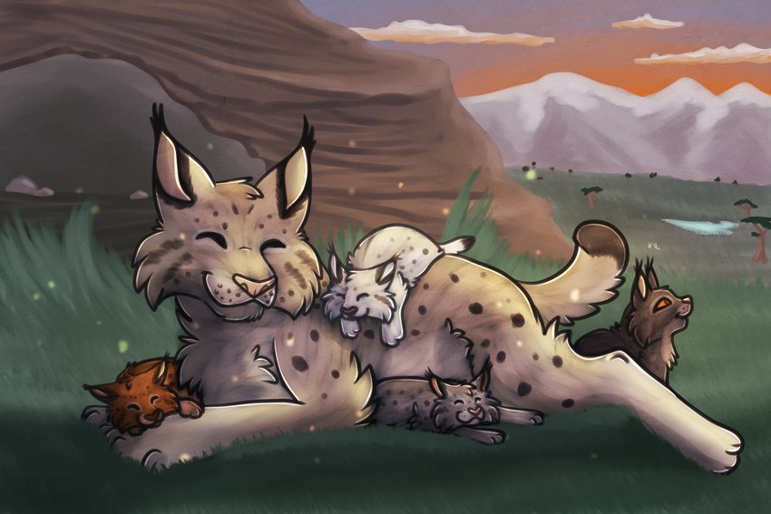 ambiguous_gender brown_body brown_fur cheek_tuft cloud cuddling den ear_tuft eyes_closed facial_tuft family feral fur fuzzy grass group happy looking_up lying mountain nature nature_background on_front orange_body orange_fur outside plant resting size_difference smile tan_body tan_fur tree tuft white_body white_fur young blaideii might_and_delight shelter_(game_series) inna_(shelter_2) felid feline lynx mammal 3:2 hi_res female_(lore) parent_(lore) parent_and_child_(lore) sibling_(lore)