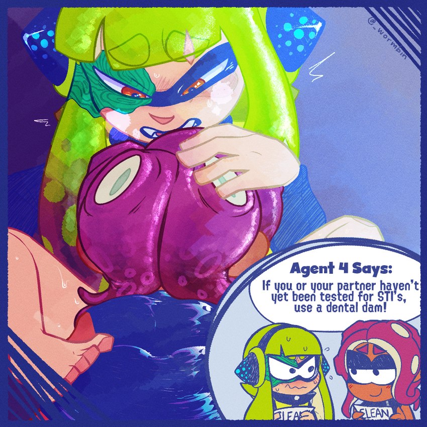 duo female female/female obscured_pussy oral text itchi nintendo splatoon agent_3_(splatoon) agent_8_(splatoon) animal_humanoid cephalopod cephalopod_humanoid humanoid inkling marine marine_humanoid mollusk mollusk_humanoid octarian octoling 1:1 english_text