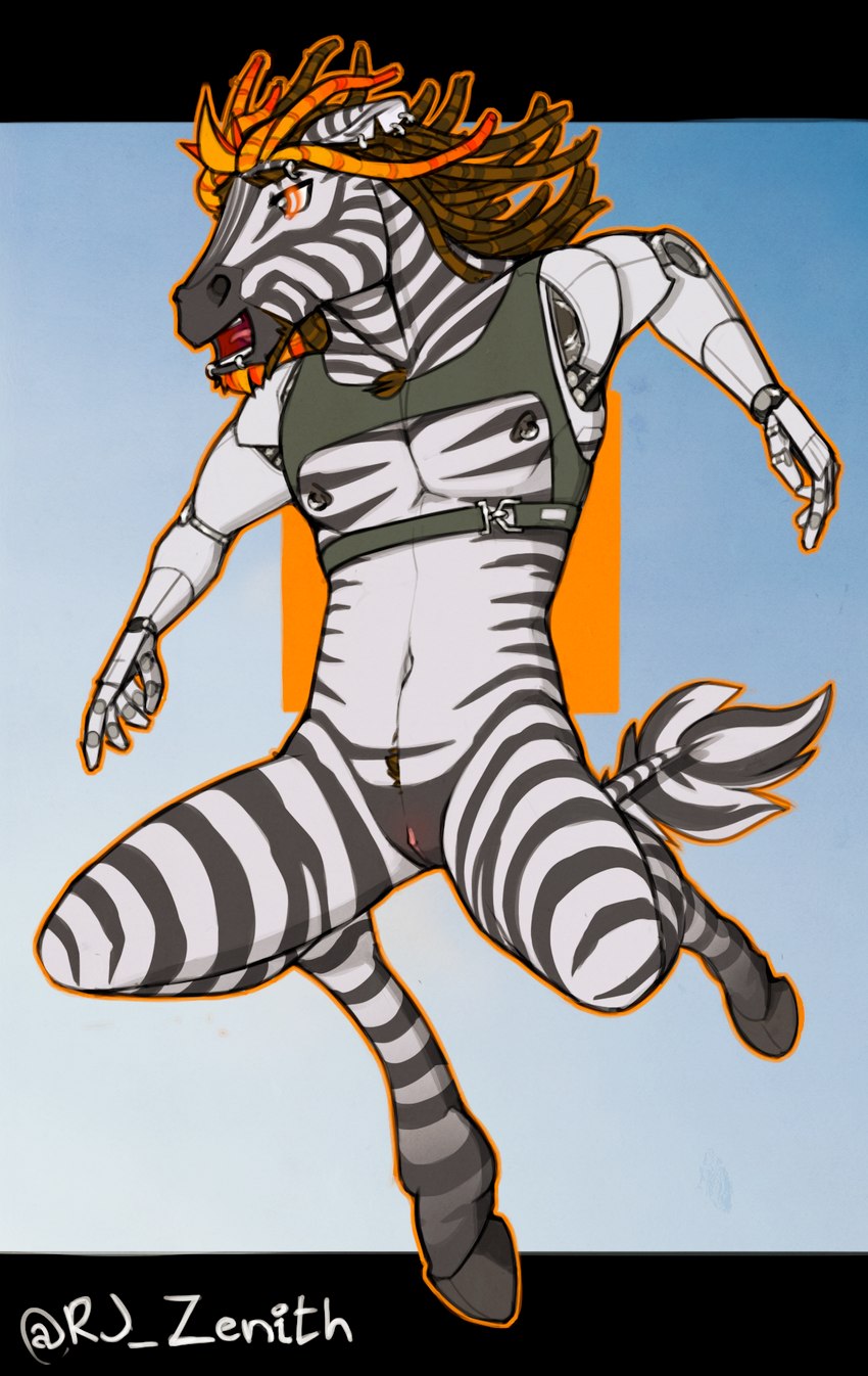 andromorph anthro bottomless clothed clothing cybernetics dreadlocks genitals intersex machine pussy solo rj_zenith rj_(rj_zenith) cyborg equid equine mammal zebra hi_res