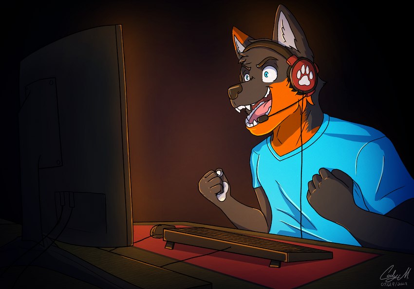 blue_eyes clothed clothing computer computer_keyboard computer_monitor computer_mouse electronics excited excited_expression fist fists_clenched fur gaming headphones male open_mouth open_smile orange_body orange_fur playing_video_game smile solo codyf0xx drew_fawkes canid canine fox mammal