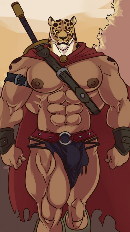 abs anthro armor baldric belt biceps big_muscles biped black_nose bottomwear brown_body brown_fur bulge cape clothed clothing footwear fur huge_muscles loincloth male muscular muscular_anthro muscular_male nipples pecs solo standing topless weapon whiskers white_body white_fur yellow_eyes furious_(artist) guin_saga the_king_&_guin:_slaves_of_the_tentacle guin felid hybrid leopard mammal pantherine 9:16 hi_res