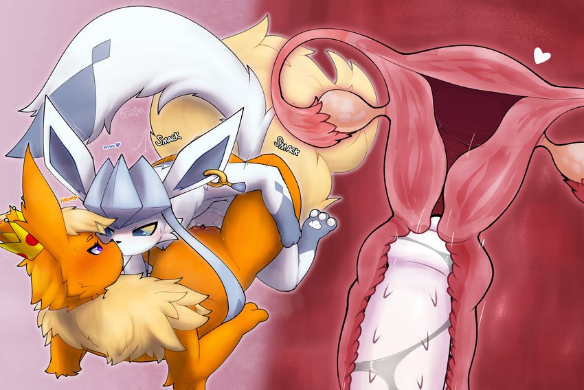 animal_genitalia animal_penis anthro anthro_on_anthro anthro_penetrated anthro_penetrating anthro_penetrating_anthro arm_support backward_arm_support black_nose blue_body blue_fur blush bodily_fluids canine_genitalia canine_penis cervical_contact cervix dipstick_tail duo erection eye_contact fallopian_tubes feline_genitalia feline_penis female female_penetrated fur genital_fluids genitals gloves_(marking) heart_symbol humanoid_genitalia humanoid_pussy hybrid_genitalia hybrid_penis internal internal_vaginal knot leg_markings looking_at_another lying male male/female male_penetrating male_penetrating_female markings on_back orange_body orange_fur ovaries pawpads penetration penile penile_penetration penis purple_eyes pussy pussy_juice_on_penis quadruped sex socks_(marking) sound_effects tail tail_markings uterus vaginal vaginal_fluids vaginal_penetration white_body white_fur white_penis white_tail fermusieboir4 nintendo pokemon alabaster_the_flareon canid canine eeveelution flareon generation_1_pokemon generation_4_pokemon glaceon mammal pokemon_(species) hi_res