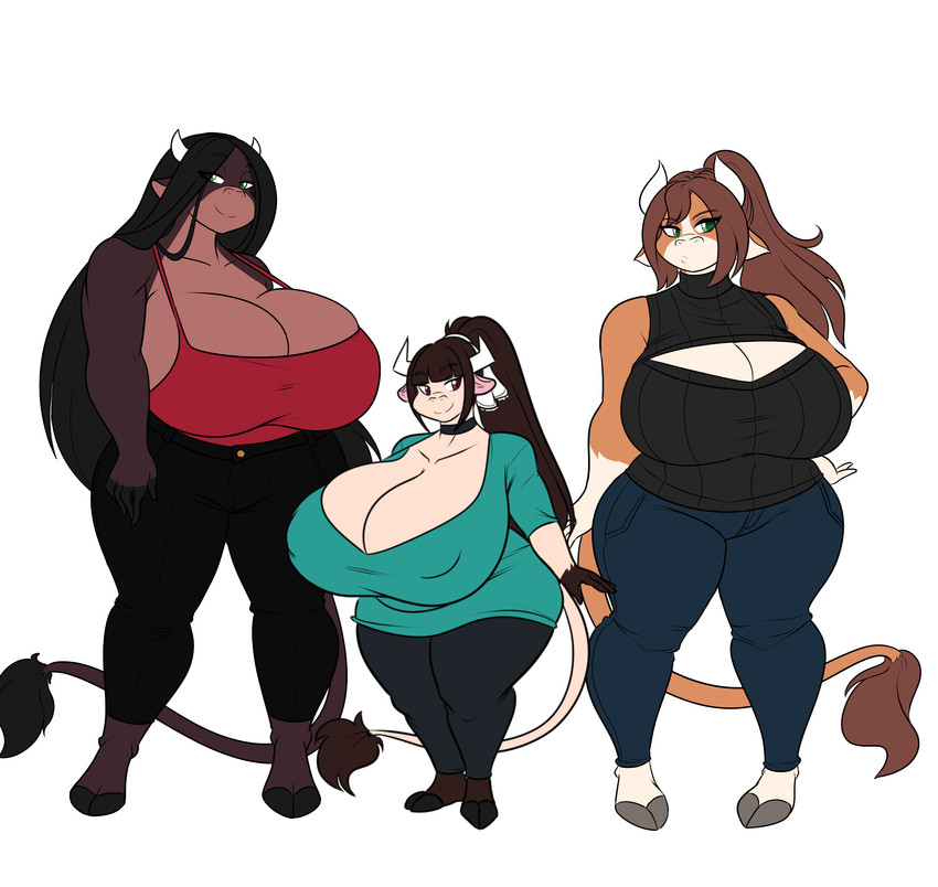 anthro big_breasts breasts cleavage cleavage_cutout clothed clothing cutout female group huge_breasts keyhole_turtleneck short_stack size_difference sweater topwear turtleneck jwinkz abby_(jwinkz) summer_(jwinkz) violet_(jwinkz) bovid bovine cattle mammal absurd_res hi_res