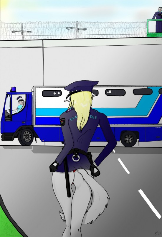 5_fingers anthro anthro_focus barbed_wire baton belt black_belt black_clothing black_gloves black_handwear blonde_hair blue_bottomwear blue_clothing blue_hat blue_headgear blue_headwear blue_pants blue_shirt blue_sky blue_text blue_topwear bottomless bottomwear bus butt clothed clothing cloud commercial_vehicle cuff_(restraint) day derp_eyes driving embarrassed faceless_anthro faceless_character faceless_female female female_focus fence fingers fluffy fluffy_tail fur glistening glistening_hair gloves grass grey_body grey_butt grey_ears grey_fur grey_tail group guard gun hair handcuffs handgun handwear hat headgear headwear holster humanoid_face humanoid_hands light lights long_hair long_sleeves long_tail looking_aside looking_at_another male metal_cuffs monotone_body monotone_bottomwear monotone_butt monotone_clothing monotone_fur monotone_gloves monotone_hair monotone_handwear monotone_panties monotone_tail monotone_underwear multicolored_clothing multicolored_hat multicolored_headgear multicolored_headwear multicolored_shirt multicolored_topwear officer open_mouth open_smile outside panties pants pivoted_ears plant pointy_ears police police_baton prick_ears print_clothing print_shirt print_topwear prison prison_guard prisoner public public_transportation ranged_weapon rear_view red_bottomwear red_clothing red_panties red_underwear restraints sergeant shackles shadow shirt short_sleeves skimpy sky slim small_waist smile solo_focus standing street street_lamp sunlight tail text text_on_clothing text_on_shirt text_on_topwear thigh_gap topwear underwear uniform utility_belt vehicle vehicle_for_hire wall_(structure) wavy_hair weapon wide_hips pannonfur domestic_cat felid feline felis human mammal 2015 hi_res portrait signature three-quarter_portrait