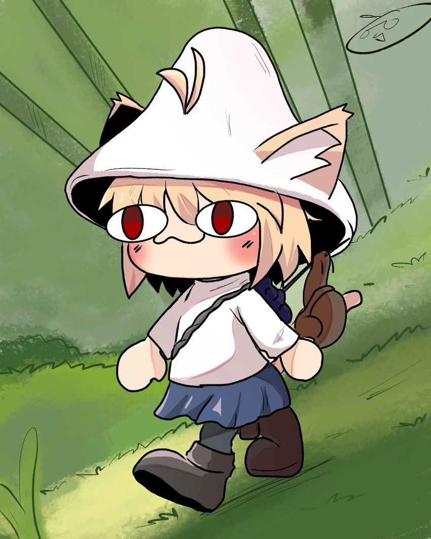 :3 ahoge blonde_hair blue_bottomwear blue_clothing blue_skirt blush boots bottomwear brown_boots brown_clothing brown_footwear cat_smile clothing female food footwear fruit grape hair hat headgear headwear inner_ear_fluff light_body light_skin mushroom_cap nature nature_background plant pupils red_eyes red_pupils shoes skirt smile solo stick sweater tail topwear tuft walking white_clothing white_hat white_headwear white_sweater white_topwear yellow_tail awlowl blue_smurf_cat tsukihime type-moon neco-arc smurf_cat animal_humanoid cat_humanoid felid felid_humanoid feline feline_humanoid gastropod humanoid mammal mammal_humanoid mollusk neco_spirit snail 4:5 digital_media_(artwork) hi_res shaded