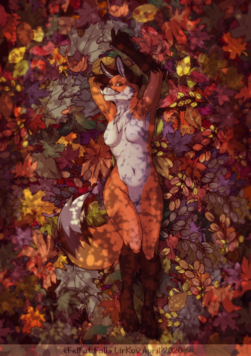 anthro autumn breasts detailed_background featureless_breasts female fur genitals leaves_on_ground lying nude on_back orange_body orange_fur pussy red_body red_fur solo tail white_body white_fur lirkov canid canine fox mammal red_fox true_fox 2020 detailed digital_media_(artwork) hi_res