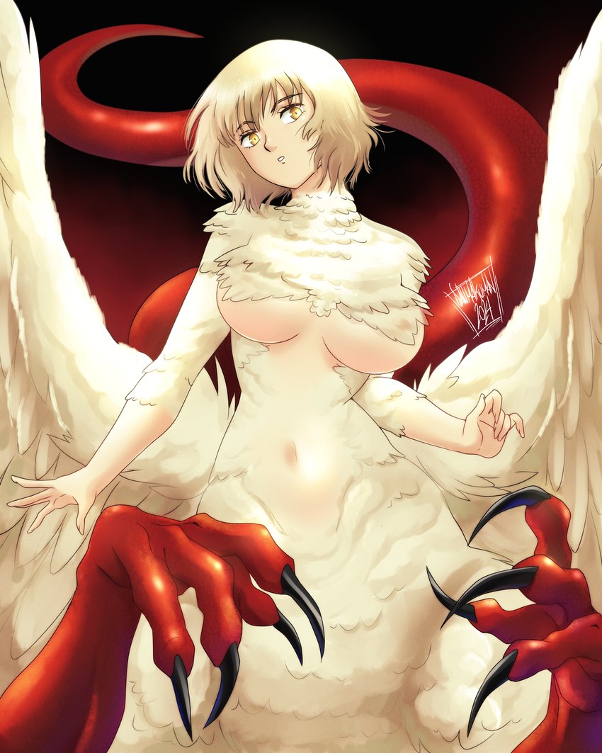 4_toes 5_fingers bangs big_breasts black_claws blonde_hair breasts claws eyebrow_through_hair eyebrows feathered_wings feathers feet female fingernails fingers hair head_tilt humanoid_hands light_body light_skin lips looking_at_viewer nails navel red_body red_scales red_tail scales short_hair solo spread_wings tail tan_eyebrows teeth toe_claws toes translucent translucent_hair white_body white_feathers wings yellow_eyes danmakuman delicious_in_dungeon mythology falin_touden dragon dragon_taur feathered_dragon feathered_scalie humanoid_taur mythological_creature mythological_scalie scalie taur 2024 dated hi_res signature