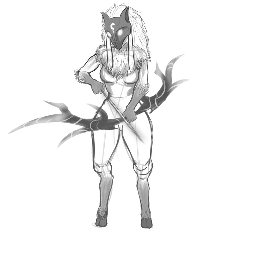 anthro bow_(weapon) breasts dipstick_limbs featureless_breasts female floppy_ears fur grey_body grey_fur holding_arrow holding_bow_(weapon) holding_object holding_ranged_weapon holding_weapon hooves lop_ears mask ranged_weapon simple_background solo thick_thighs weapon white_background white_body white_fur wide_hips chocoflan league_of_legends riot_games tencent kindred_(lol) lamb_(lol) bovid caprine mammal sheep 1:1 hi_res monochrome