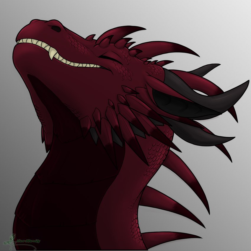 black_horn cheek_spikes eyes_closed facial_spikes female fierce_thorn gradient_background grey_background horn mouth_closed neck_spikes red_body red_scales red_spikes scales simple_background smile snout spikes spikes_(anatomy) teeth nero_eternity_(artist) mythology kya dragon mythological_creature mythological_scalie scalie 1:1 headshot_portrait hi_res portrait