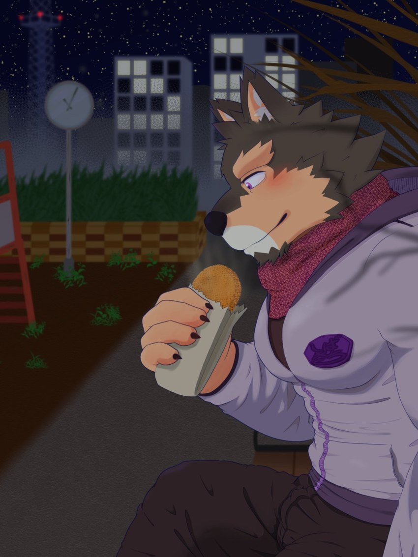 anthro blush city city_background claws clothing coat countershading eating finger_claws male muscular muscular_anthro park pecs scarf solo topwear shi_ba_ki_chi lifewonders live_a_hero pubraseer canid canine canis domestic_dog mammal hi_res