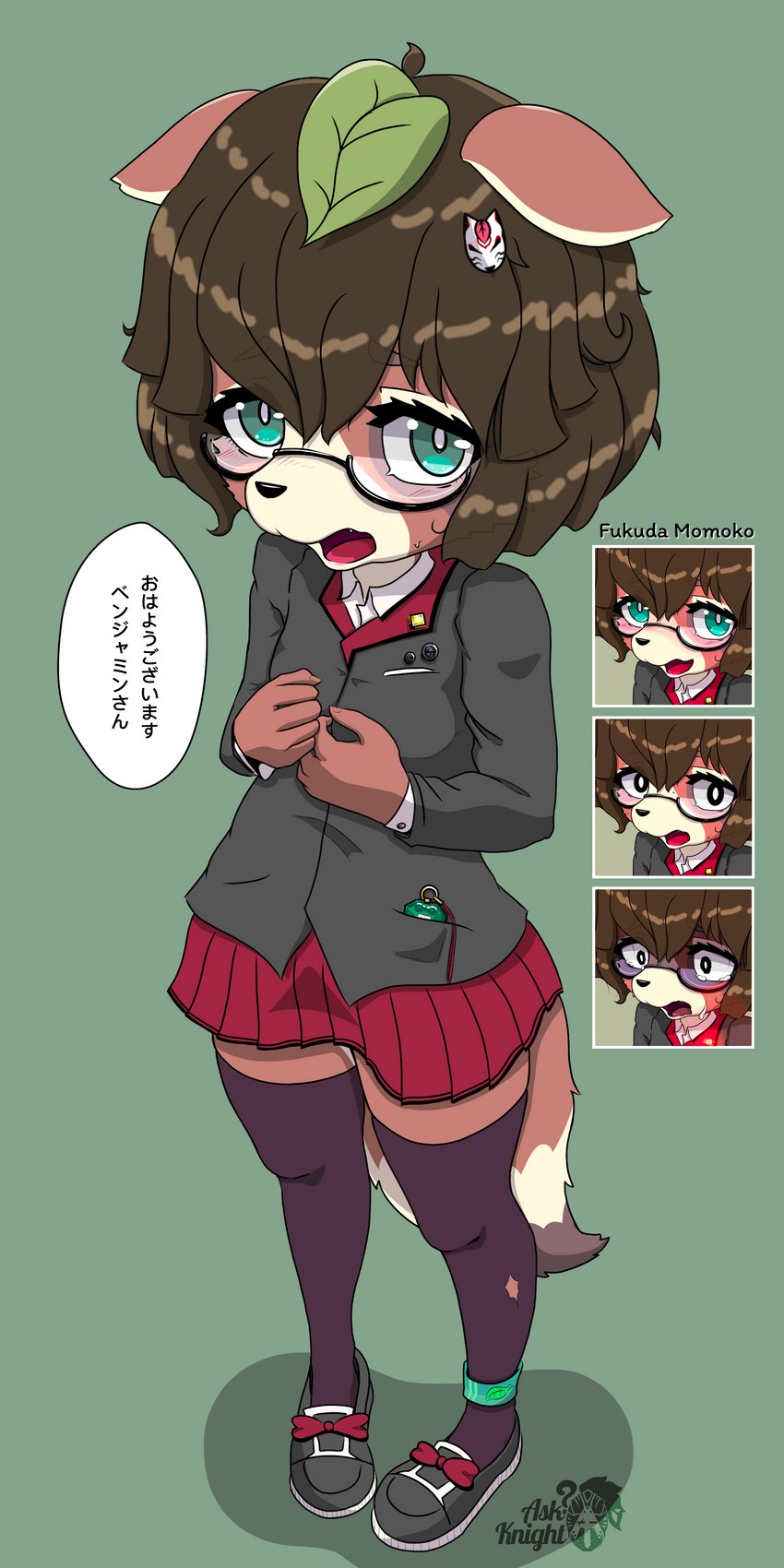 anthro blush brown_body brown_fur brown_hair clothed clothing eyewear female fur glasses green_eyes hair legwear looking_at_viewer open_mouth short_hair simple_background solo stockings student tanuki_leaf text young young_female askknight momoko_(character) canid canine mammal raccoon_dog tanuki 1:2 absurd_res digital_media_(artwork) hi_res translated