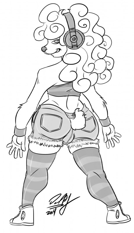 anthro big_butt bottomwear bulge butt clothing electronics footwear hair headphones hotpants legwear male shoes shorts smile sneakers solo wide_hips baikobits switch_(pakobutt) canid canine canis domestic_dog mammal hi_res monochrome